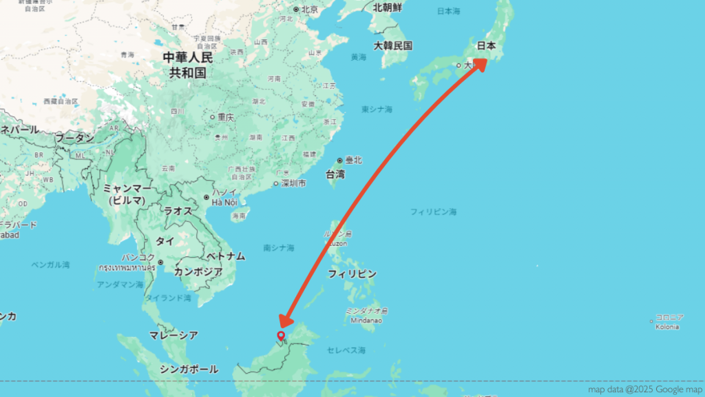 ブルネイ地図:東南アジアのボルネオ島にあるブルネイの位置、4つの地区、そして日本からの距離を示した旅行ガイド用マップ
