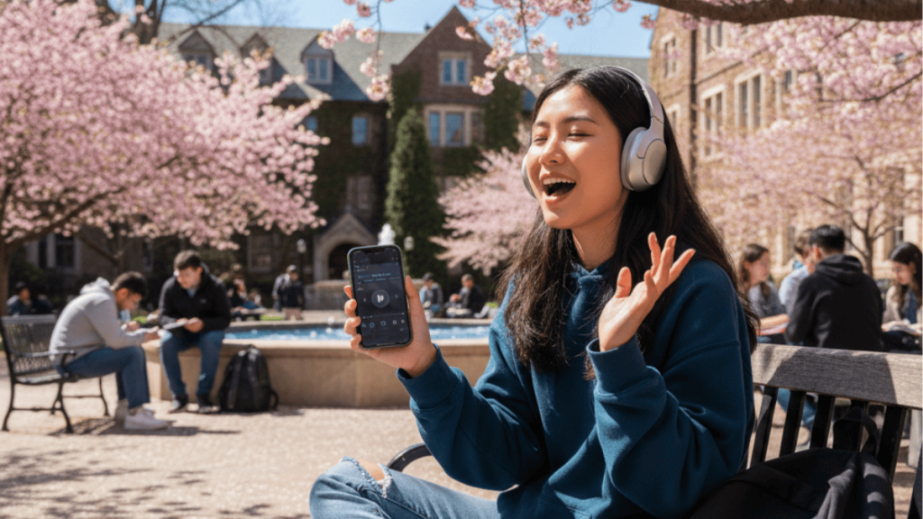 洋楽を聴きながら歌っている学生